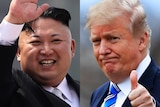 A composite image shows Kim Jong-un on the left waving and Donald Trump on the right giving a thumbs up