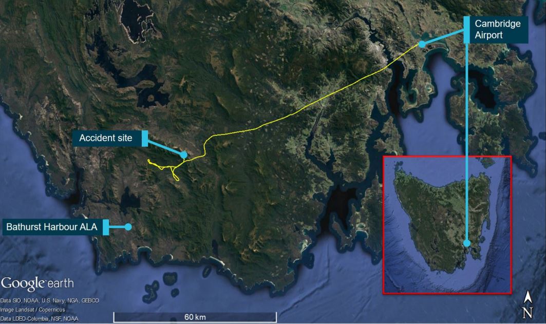 Flight path of a plane over Tasmania.