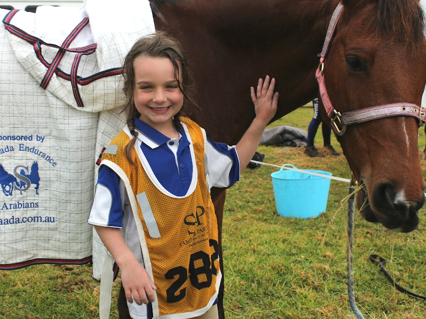 Small girl stands with her hand on a pony which is looking toward the camera.