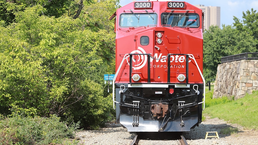 train with trees in the background 