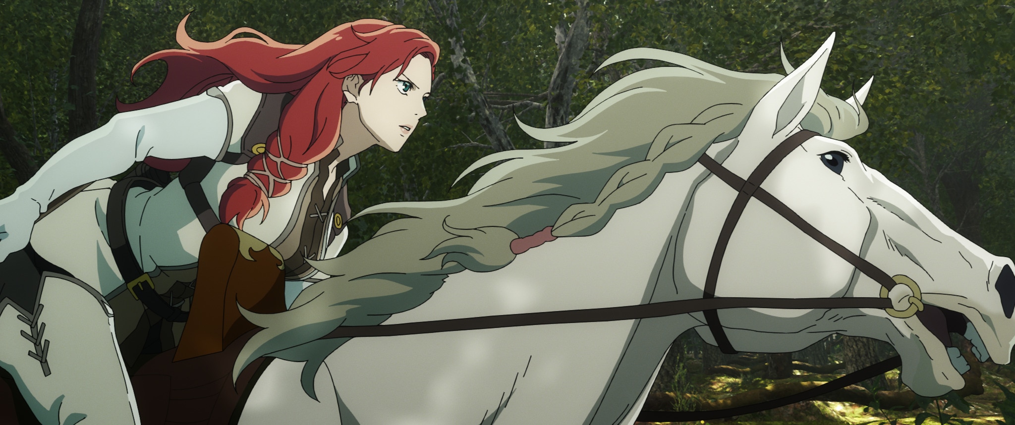 A still from an animated film showing a young woman with long red hair riding a grey horse