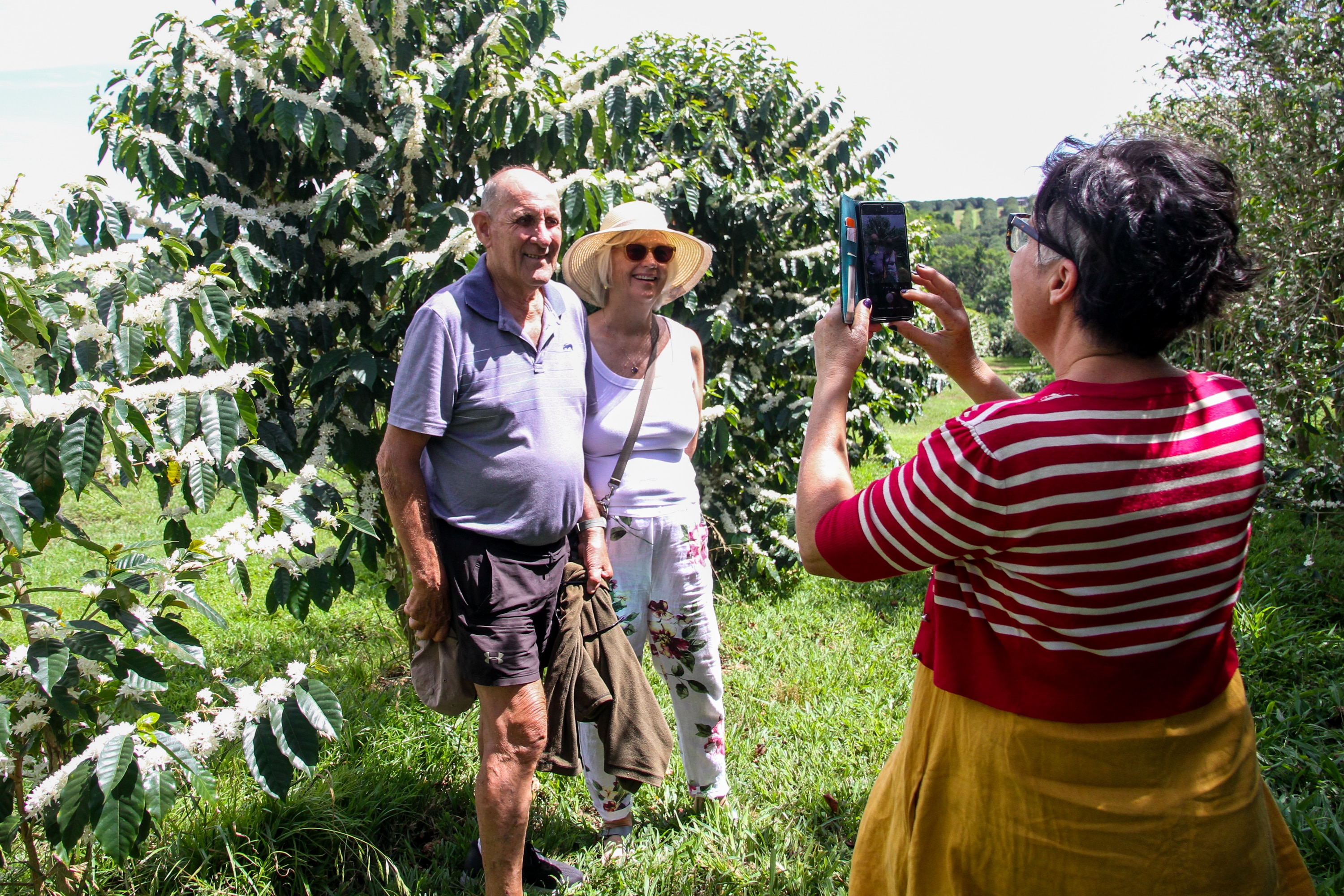 Una señora fotografía a un hombre y una mujer frente a cafetos con flores blancas.