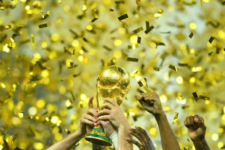 Players hold the World Cup trophy as they are showed with gold coloured confetti.