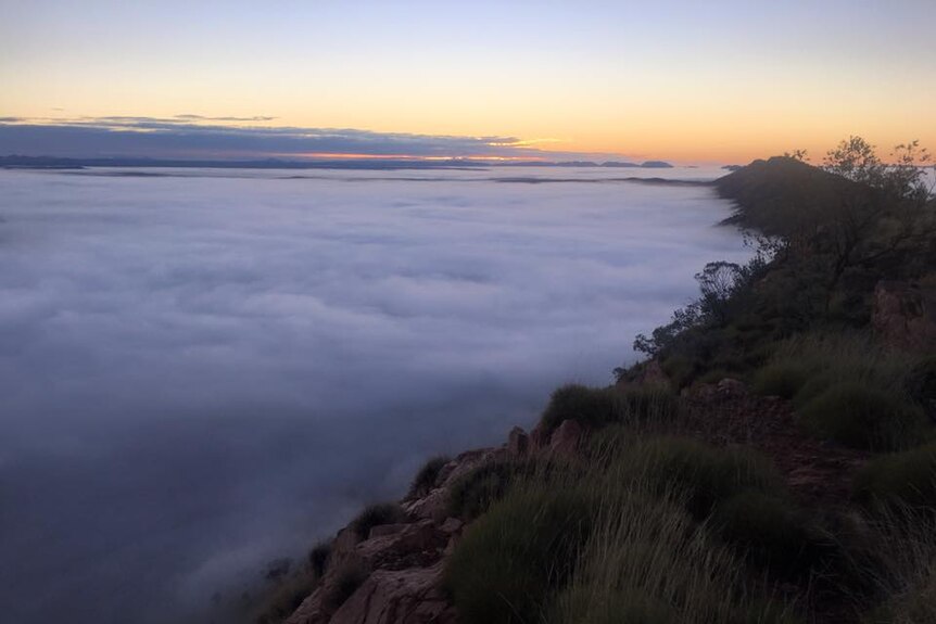 A blanket of fog with the peak of the range curving around the edge.