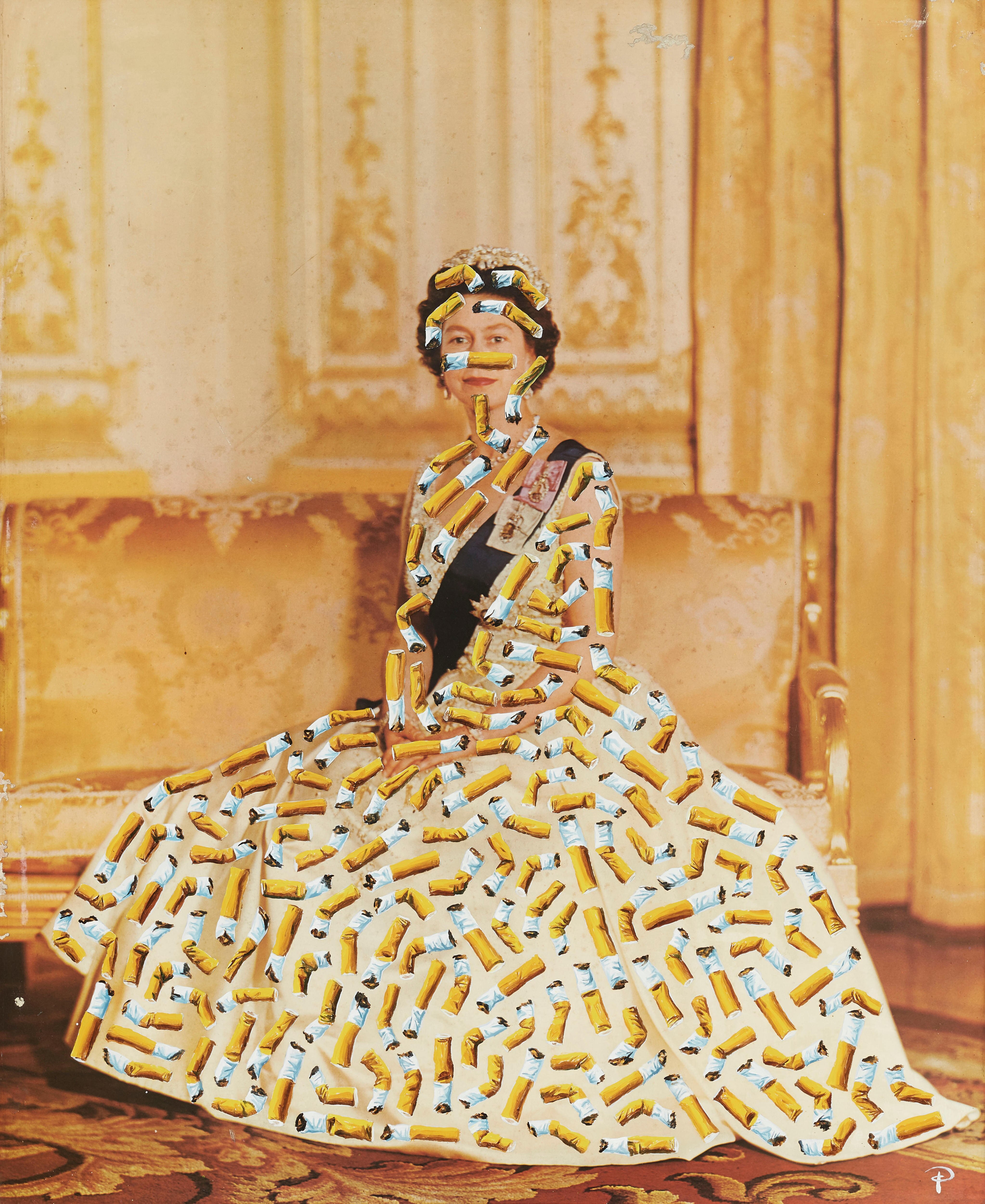 A painting of The Queen is covered in painted cigarette butts