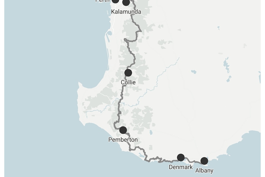 A map showing a trail running down south-west WA.