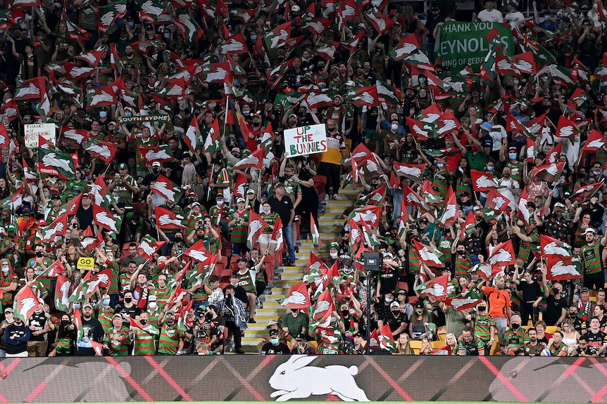 South Sydney fans, many not wearing masks, at the NRL Grand Final.