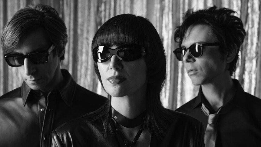 Black and white image of Yeah Yeah Yeahs wearing sunglasses, standing in a line, staring past the camera