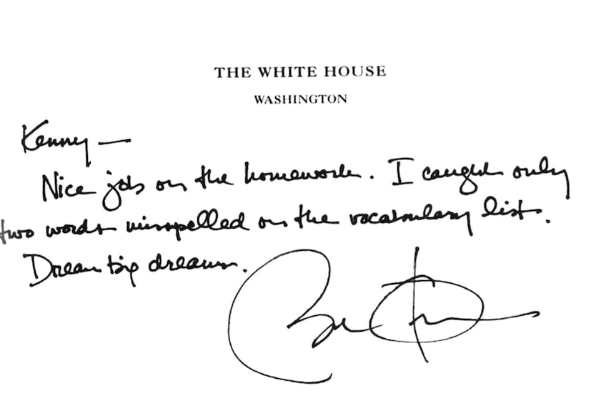 Handwritten letter from President Barack Obama responding to a question about homework.