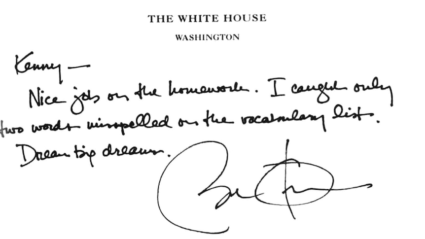 Handwritten letter from President Barack Obama responding to a question about homework.