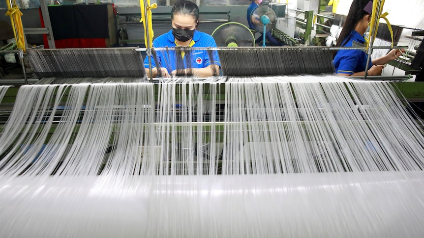 Person stands behind large loom object with plastic thread being woven 