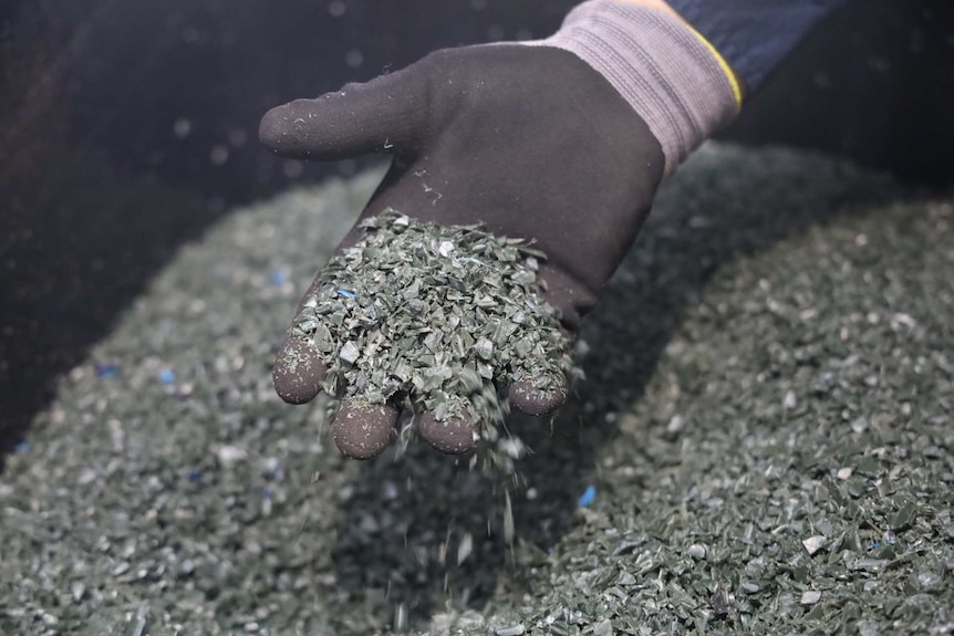 A black gloved hand holds a fistful of green plastic flakes out of a mass of the material