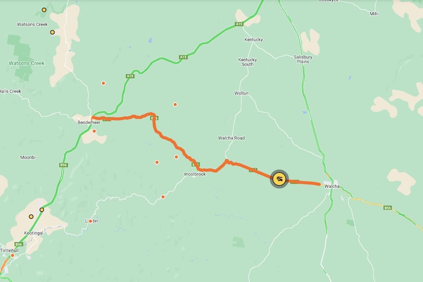 map with orange line depicting road closure