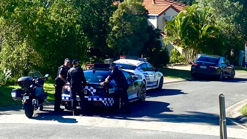 Multiple police and police cars on a suburban street. 