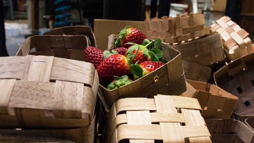 Strawberries in a punnet made of recycled timber products.