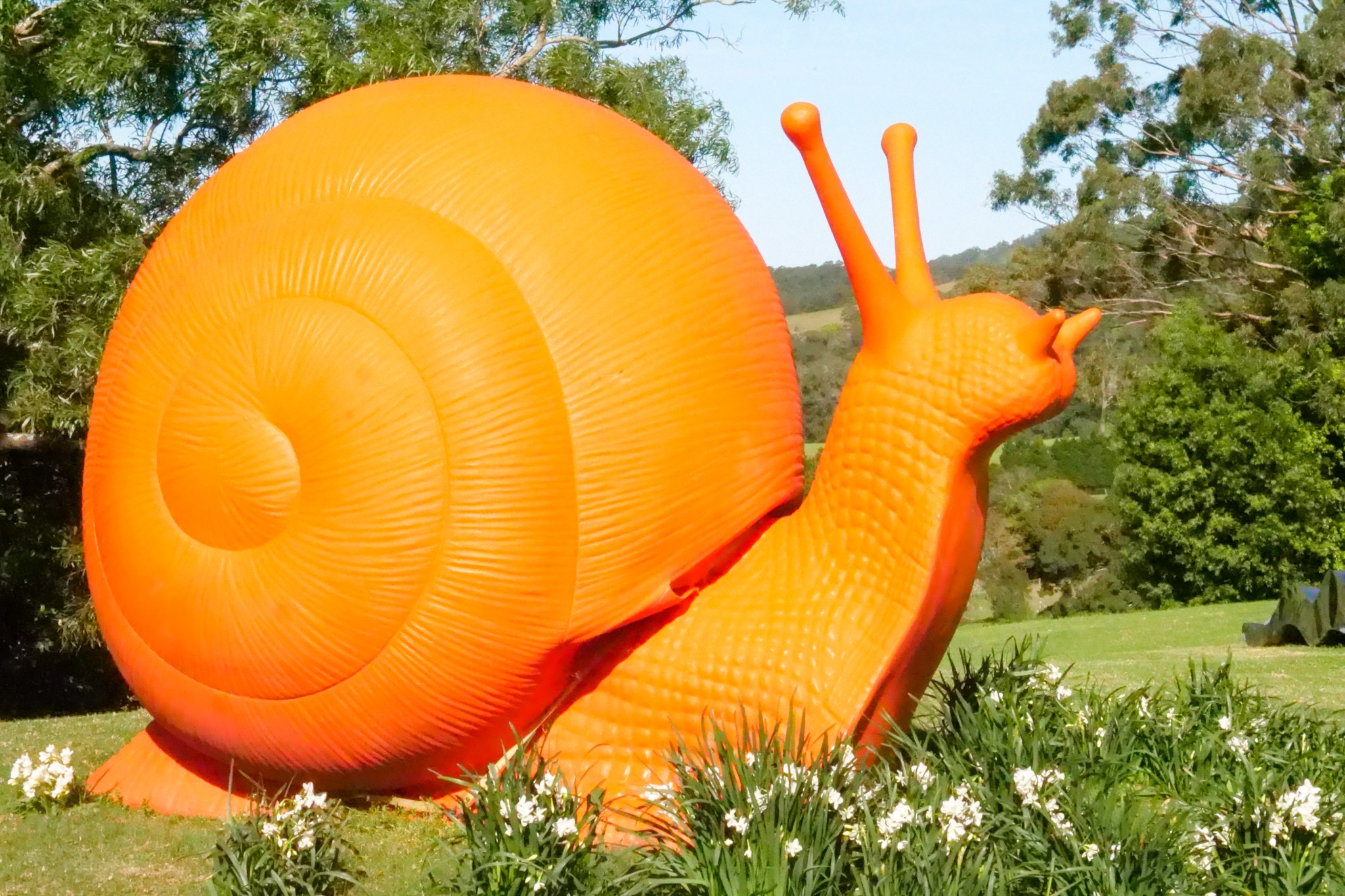 A bright orange giant fiberglass snail sits in a garden. 