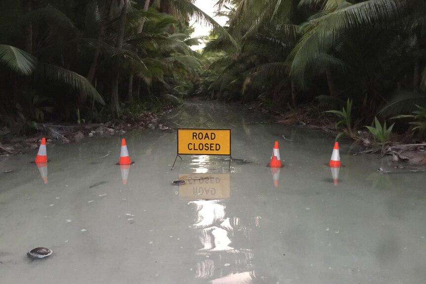 A road closed sign in the middle of a flooded road.