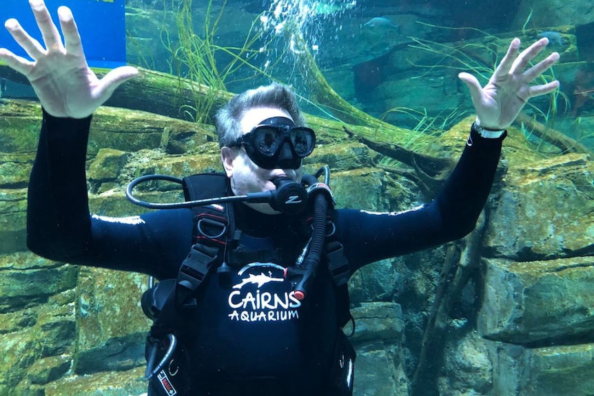 Tim Nicholls dives in the River Monsters tank at the Cairns Aquarium.