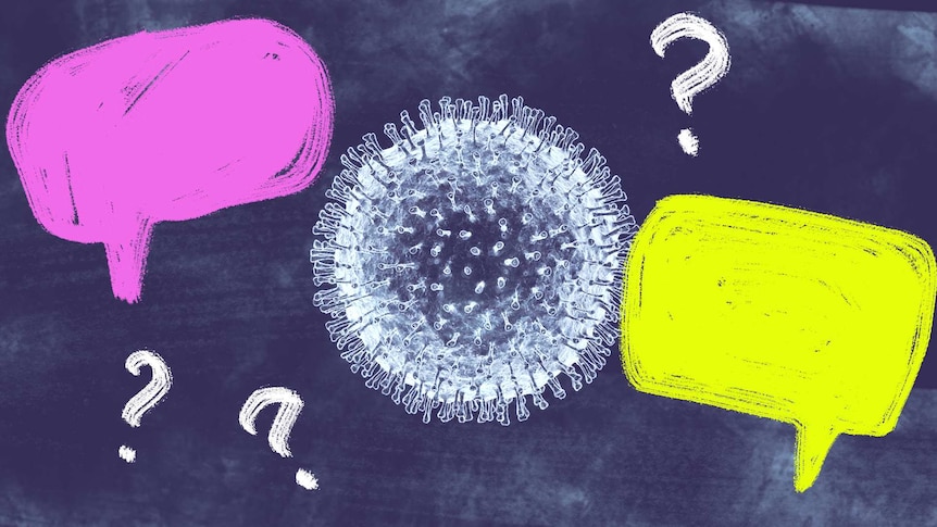 An illustration of COVID-19 virus surrounded by speech bubbles and question marks.