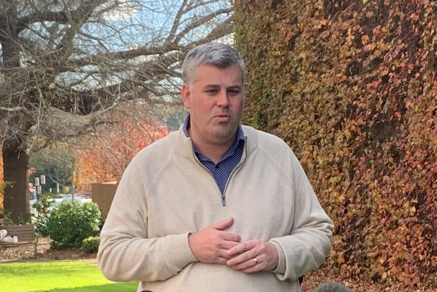 A grey-haired man in a light-coloured jumper, standing next to a hedge