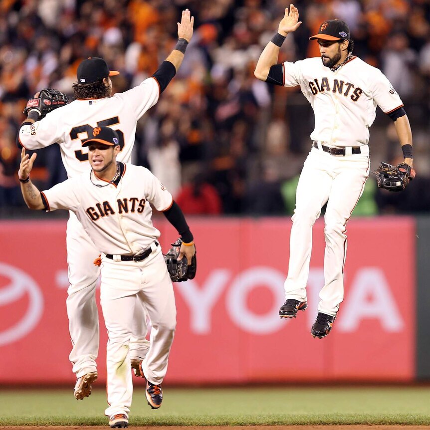 San Francisco Giants celebrate after forcing game seven in the National League Championship series.