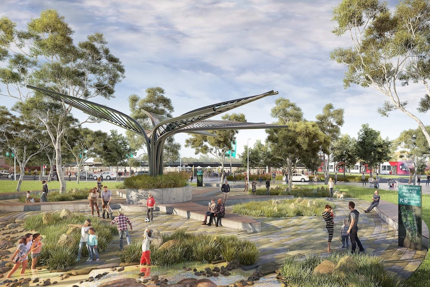 Artwork depicting the redevelopment of a transport hub and recreational park area.
