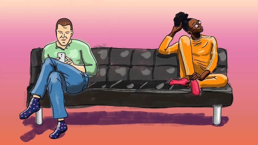 Illustration of two people sitting on couch in a story about dealing with coronavirus social distancing when you have housemates