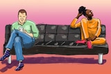 Illustration of two people sitting on couch in a story about dealing with coronavirus social distancing when you have housemates