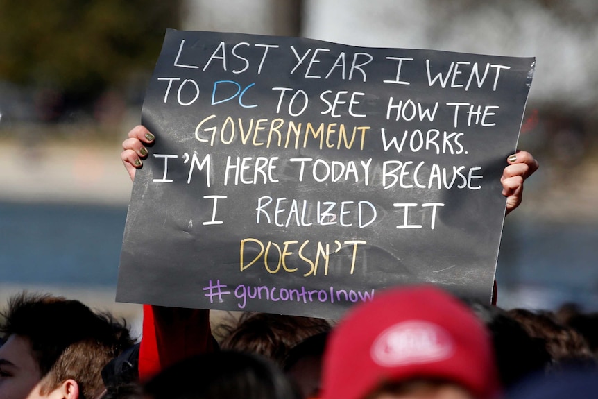 A poster reads; Last year i went to Dc to see how the government works, I'm here to day because I realised it doesn't.