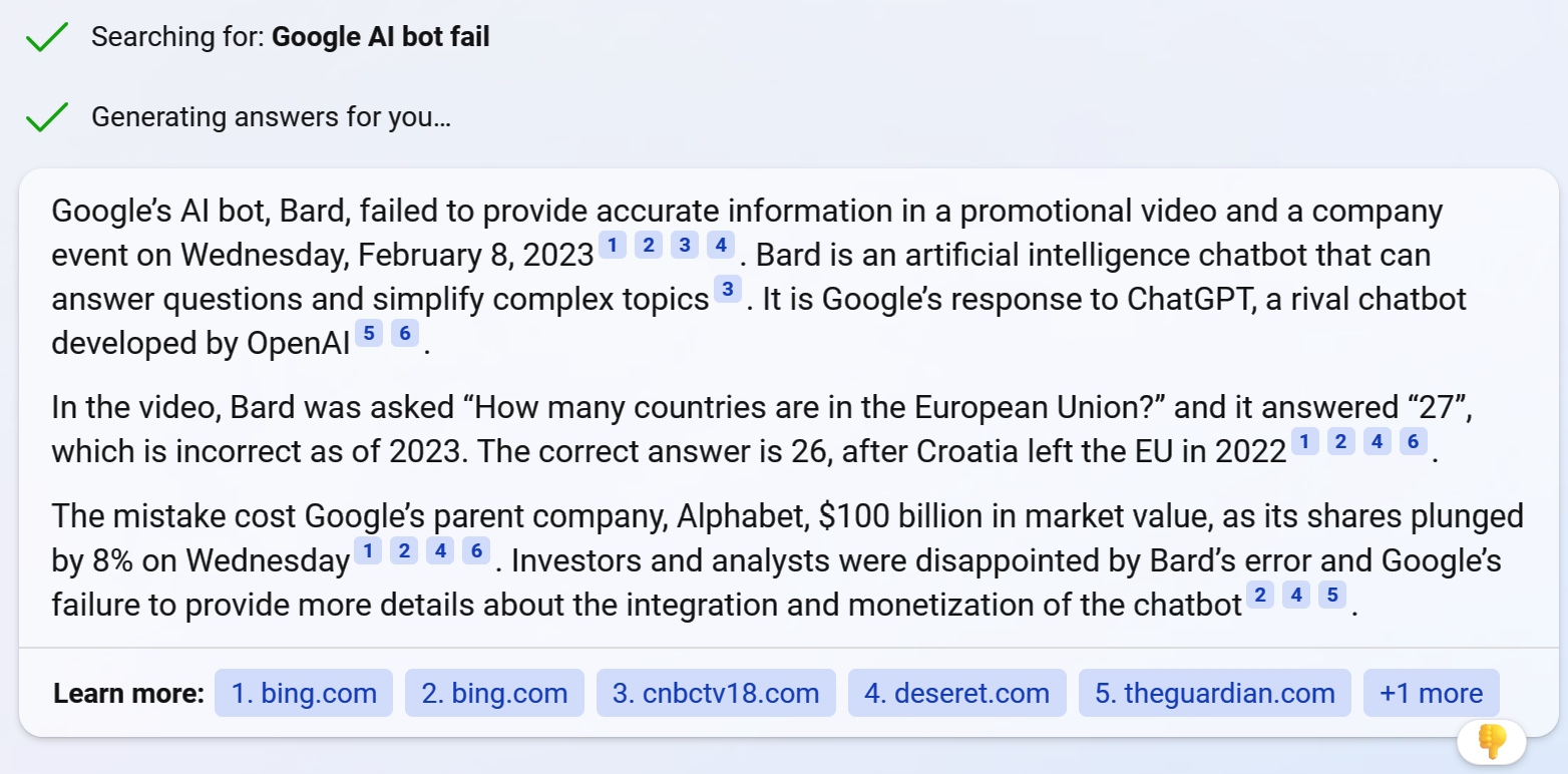A screenshot of text generated by Microsoft Bing's AI search chatbot, when asked for information on 'Google AI bot fail'