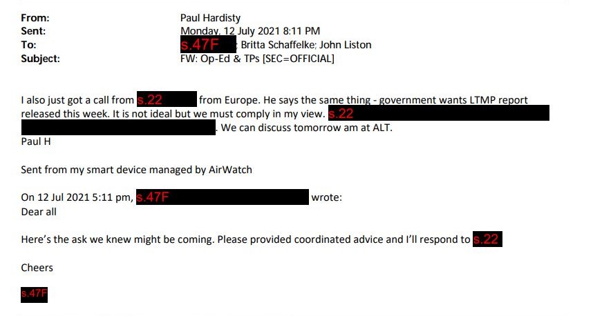 An email from the CEO of AIMS telling staff the "Government wants LTMP report released this week".