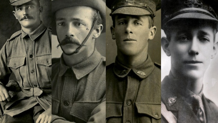 Composite of Four young men in army gear ready for World War One.