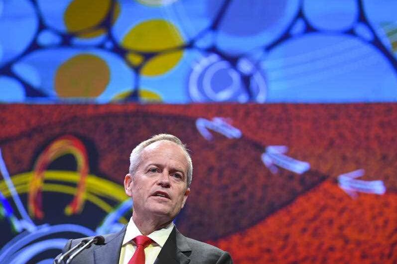 Bill Shorten stands in front of a colourful backdrop as he speaks at a podium.