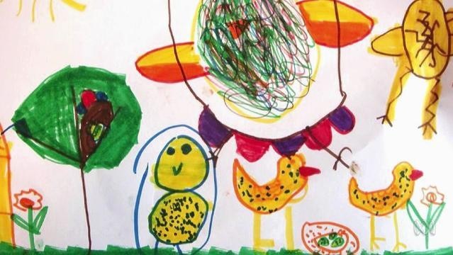 A child's drawing of trees and birds