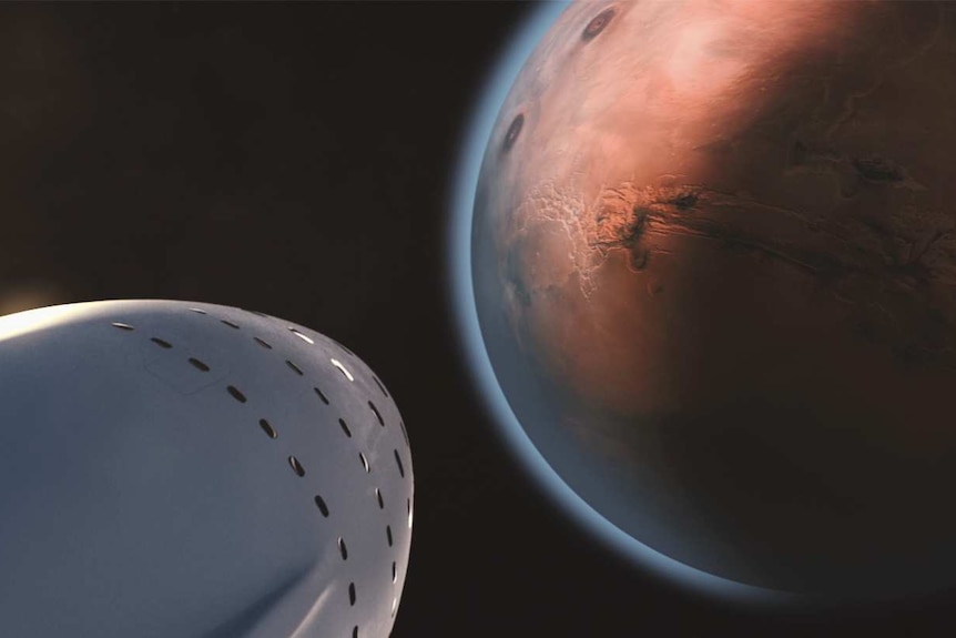 An artist's impression of SpaceX's interplanetary transport system approaching Mars.