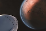An artist's impression of SpaceX's interplanetary transport system approaching Mars.