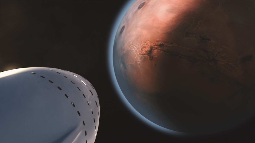 An artist's impression of SpaceX's interplanetary transport system approaching Mars.