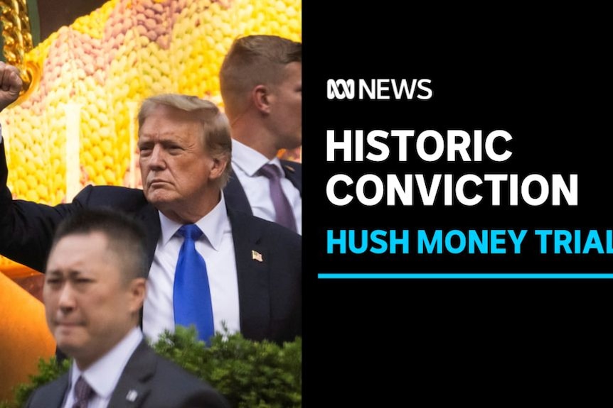 Historic Conviction, Hush Money Trial: Donald Trump raises a fist.
