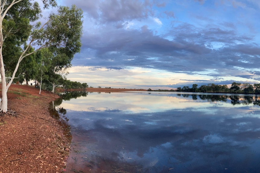 A cloudy sky is reflected in the surface of a still lake, the red banks are lined with gum trees.