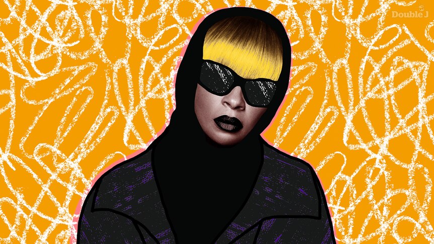 An illustration of American singer songwriter Mary J. Blige with a blonde fringe, black sunglasses and a black hoodie