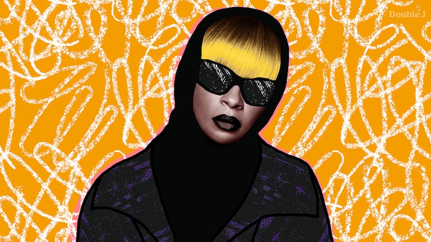 An illustration of American singer songwriter Mary J. Blige with a blonde fringe, black sunglasses and a black hoodie
