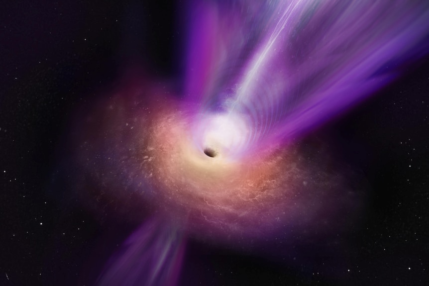 Image of a multi-coloured black hole in the shape of a donut with a white jet of light escaping from it