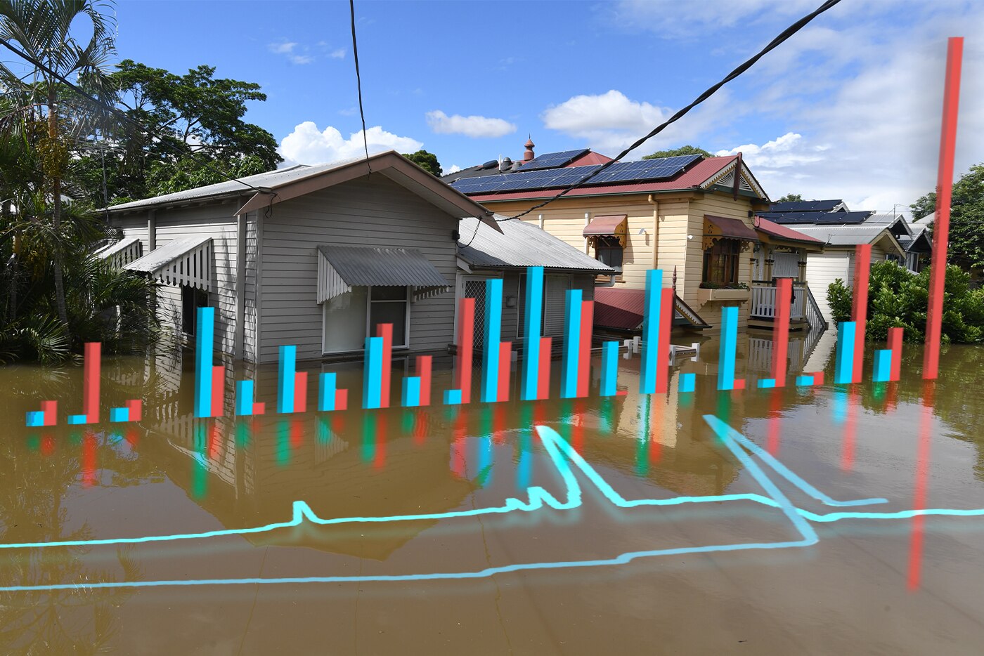 Flooded house in south-east Queensland with graphs illustrated in front of it.