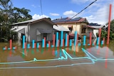 Flooded house in south-east Queensland with graphs illustrated in front of it.