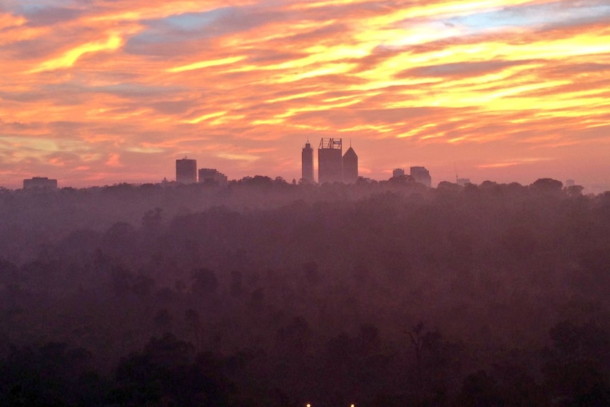 A  vivid pink sunrise over Perth's skyline.