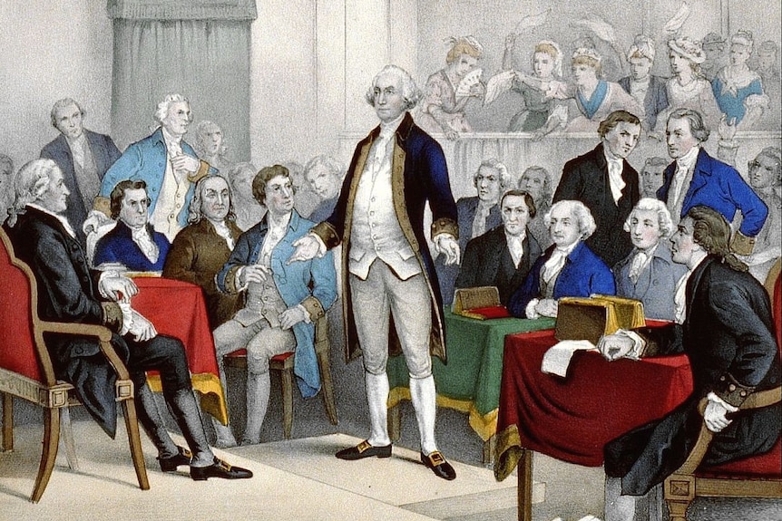 An illustration of george washington surrounded by men who elected him as comander-in-chief of the army.