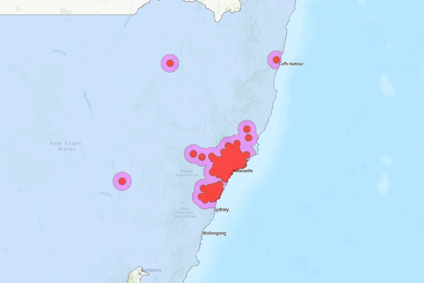 A map of NSW with hotspots marked in pink or red.