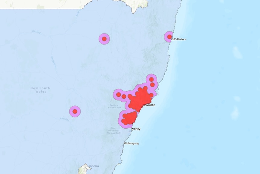 A map of NSW with hotspots marked in pink or red.