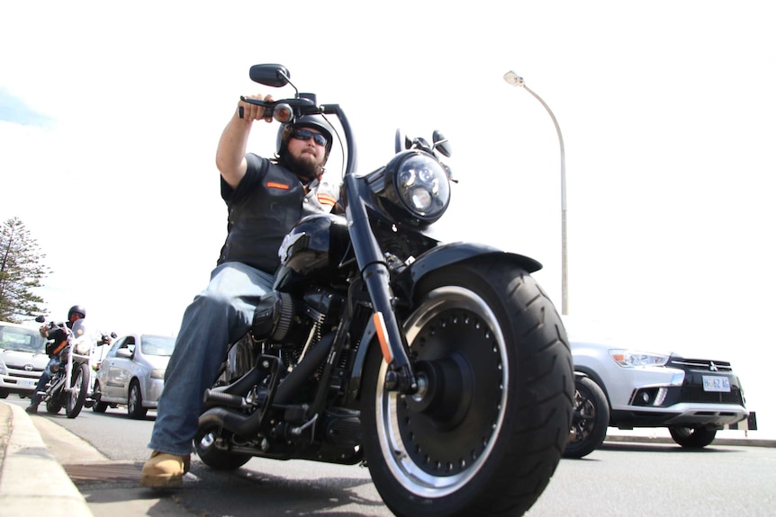 Bandidos members and their motorcycles on a run in Burnie, Tasmania, November 2017.