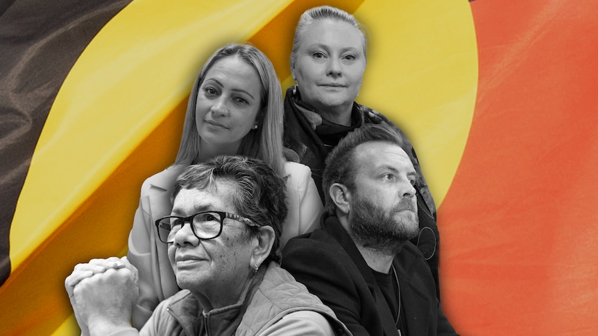 Composite image of four people in grayscale layered on top of each other with an Aboriginal flag in the background.